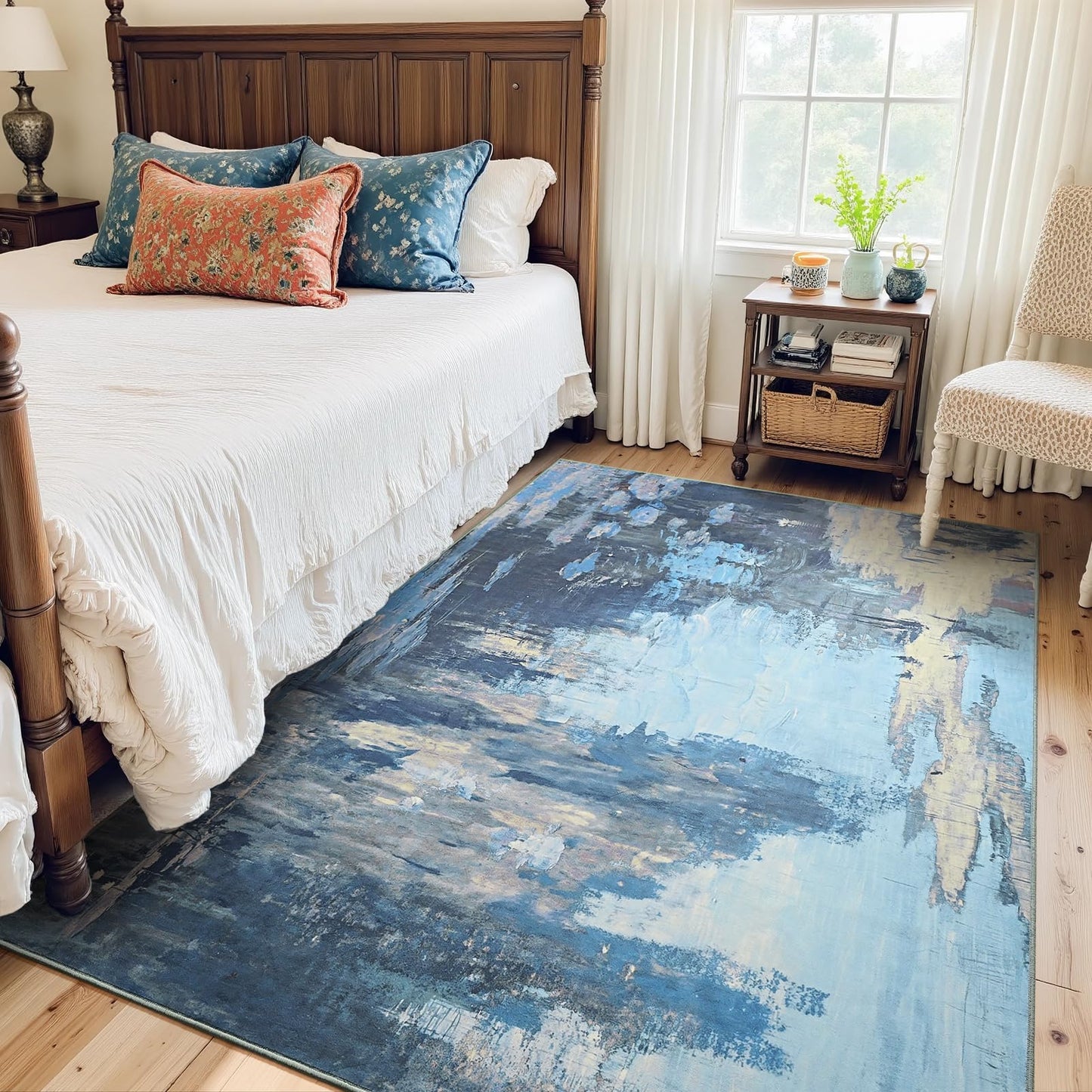 ULTSOFE 4x6 Blue Area Rugs for Bedroom Bedside, Washable Rug for Kitchen, Living Room, Laundry, Bathroom, Entrance, Office, Non-Slip Modern Abstract Faux Wool Low Pile Entrayway Rug Large Carpets