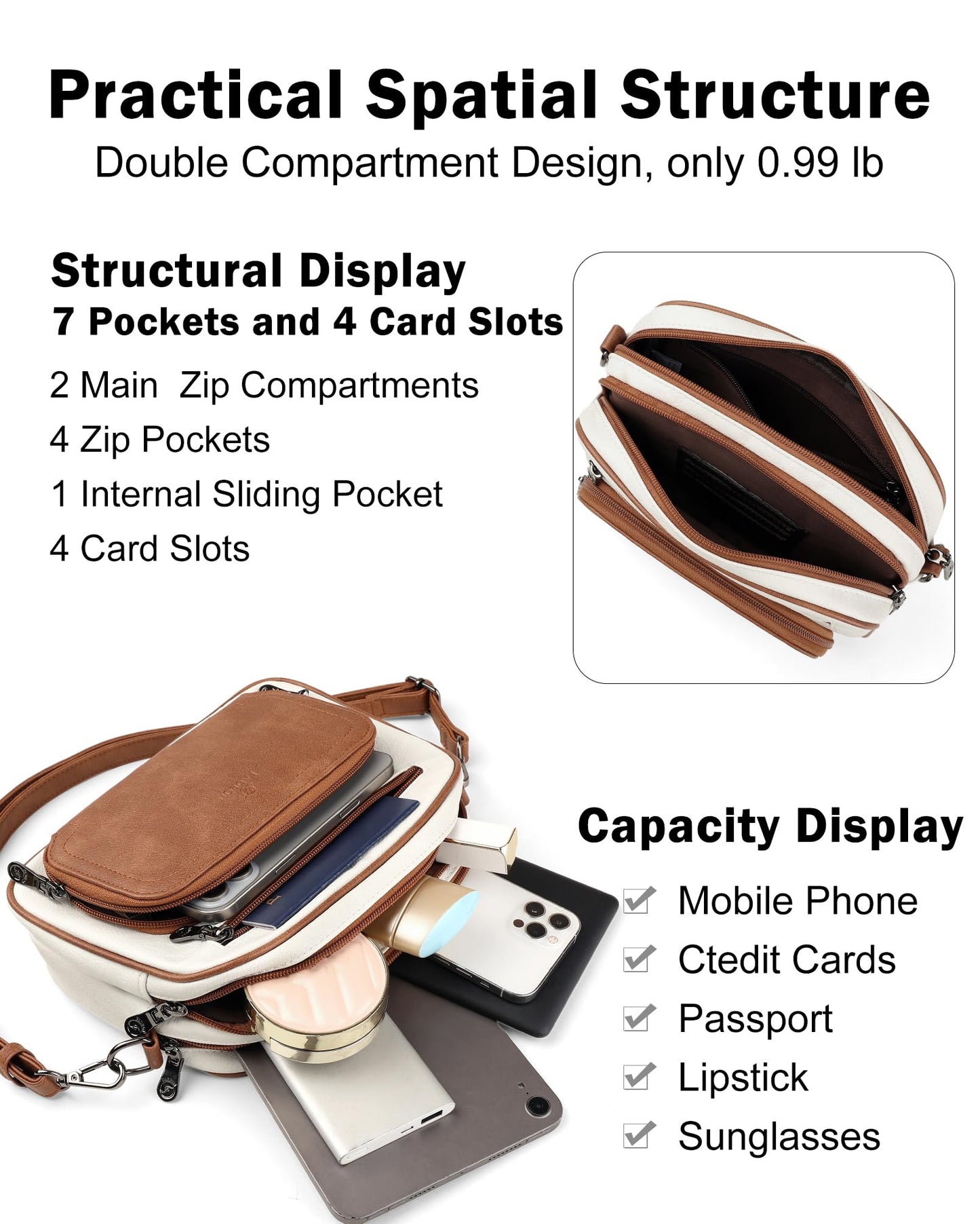 FADEON Crossbody Bags for Women Multi-pocket Leather Crossbody Purses, Designer Shoulder Bag Adjustable Removable Strap