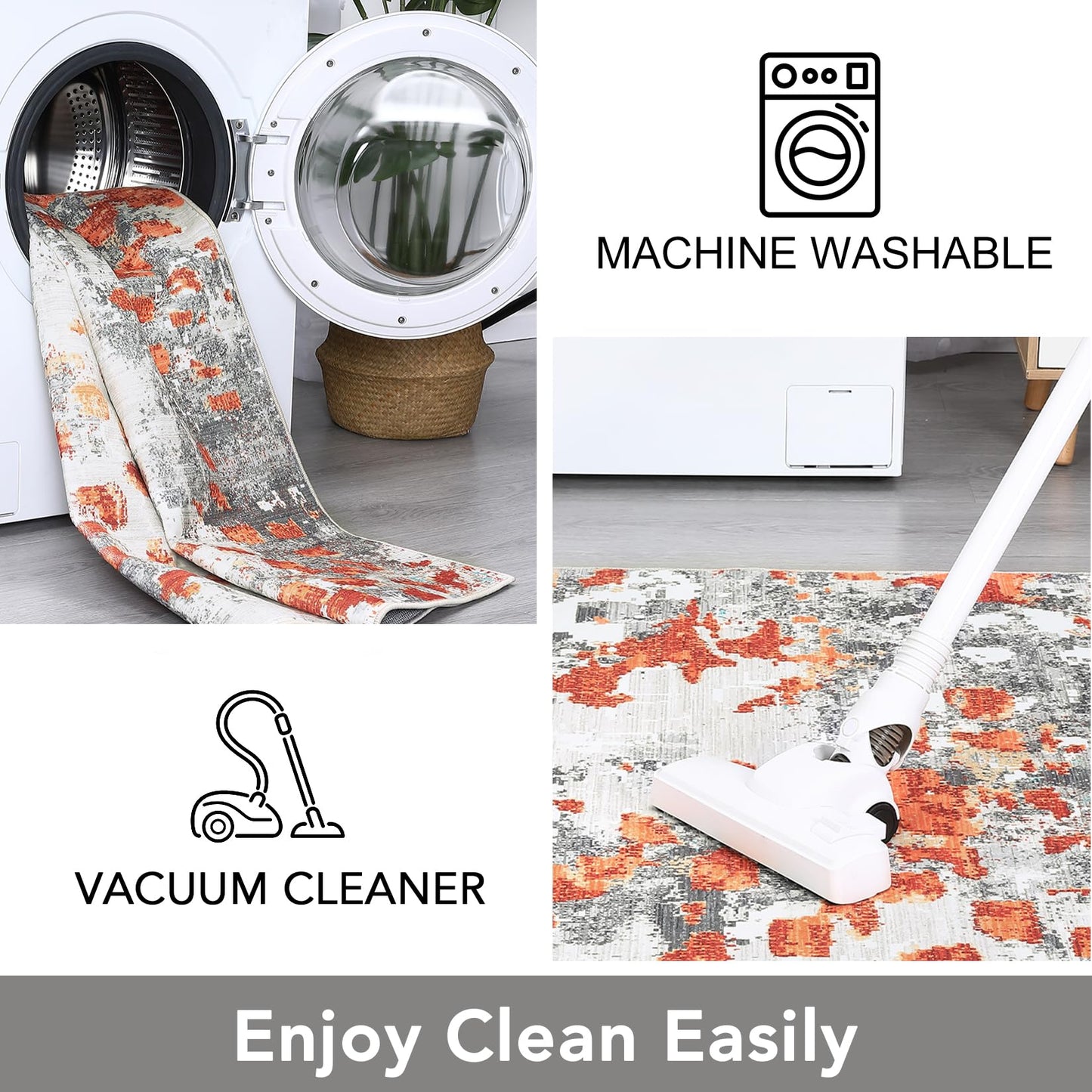 GarveeHome Area Rug 4x6 Machine Washable Rug Modern Abstract Rug Non Slip Non Shedding Indoor Floor Cover Low Pile Rug for Bedroom Living Room, Orange/Grey