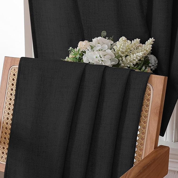 Tollpiz Linen Curtains Bedroom Rod Pocket Semi Sheer Curtain Burlap Light Filtering Thick Linen Drapes for Living Room, 54 x 84 inches Long, Black, Set of 2 Panels