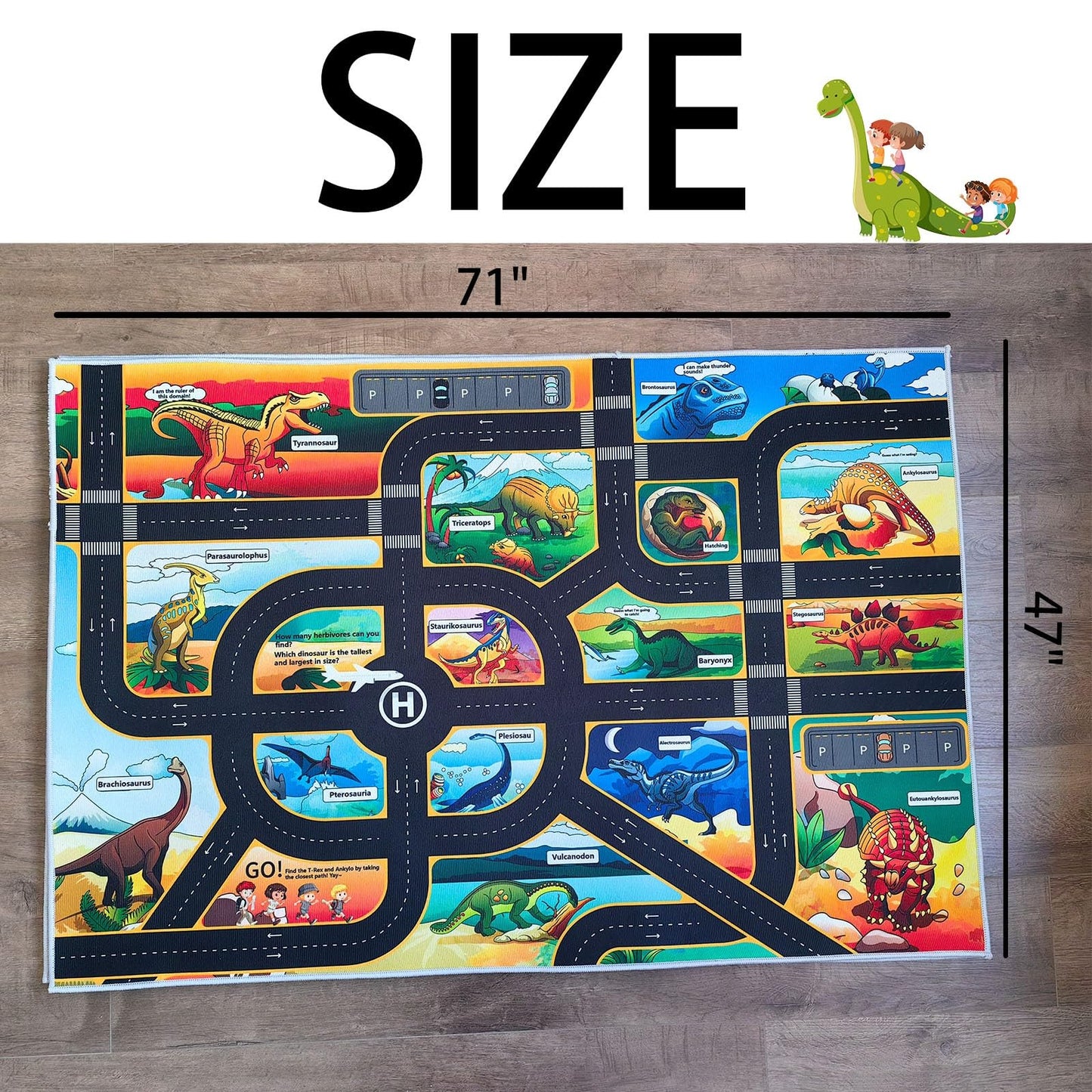 CLAILEIRS Cartoon Dinosaur Rug, Washable Dinosaur Mat with Road, Dino Play Mat Carpet for Boys Bedroom, Playroom (47"×71")