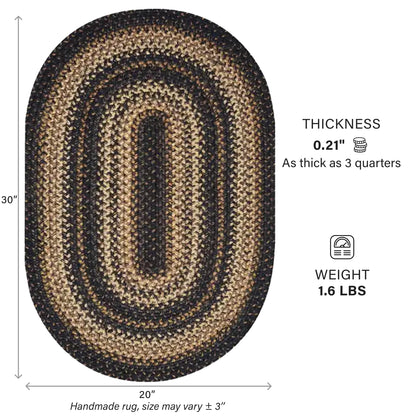 Homespice Kilimanjaro Black & Tan Oval Jute Rug 20x30 - Braided Kitchen Rugs for Primitive Farmhouse Kitchen Decor, Reversible, No Shed Jute for Easy Maintenance