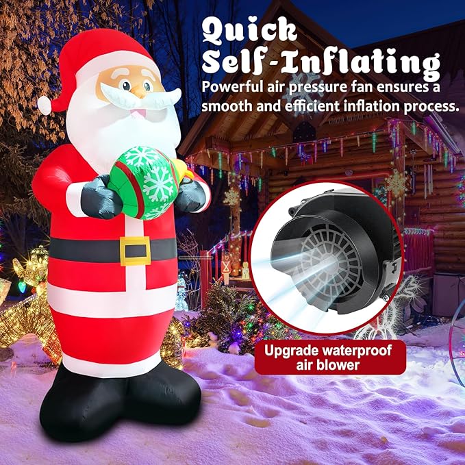 10FT Santa Claus Christmas Inflatable Decorations Blow Up Giant Santa Snowflake Ball Indoor Outdoor Decor Lights for Party Holiday Xmas Lawn Outside Patio Yard Garden Home Ornaments