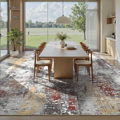 Living Room Rug 7x10 Beige Area Rugs Machine Washable Abstract Boho Large Rug Non-Slip Non-Shedding Faux Wool Indoor Vintage Carpet for Bedroom, Classroom, Dining Room, Kids Playroom