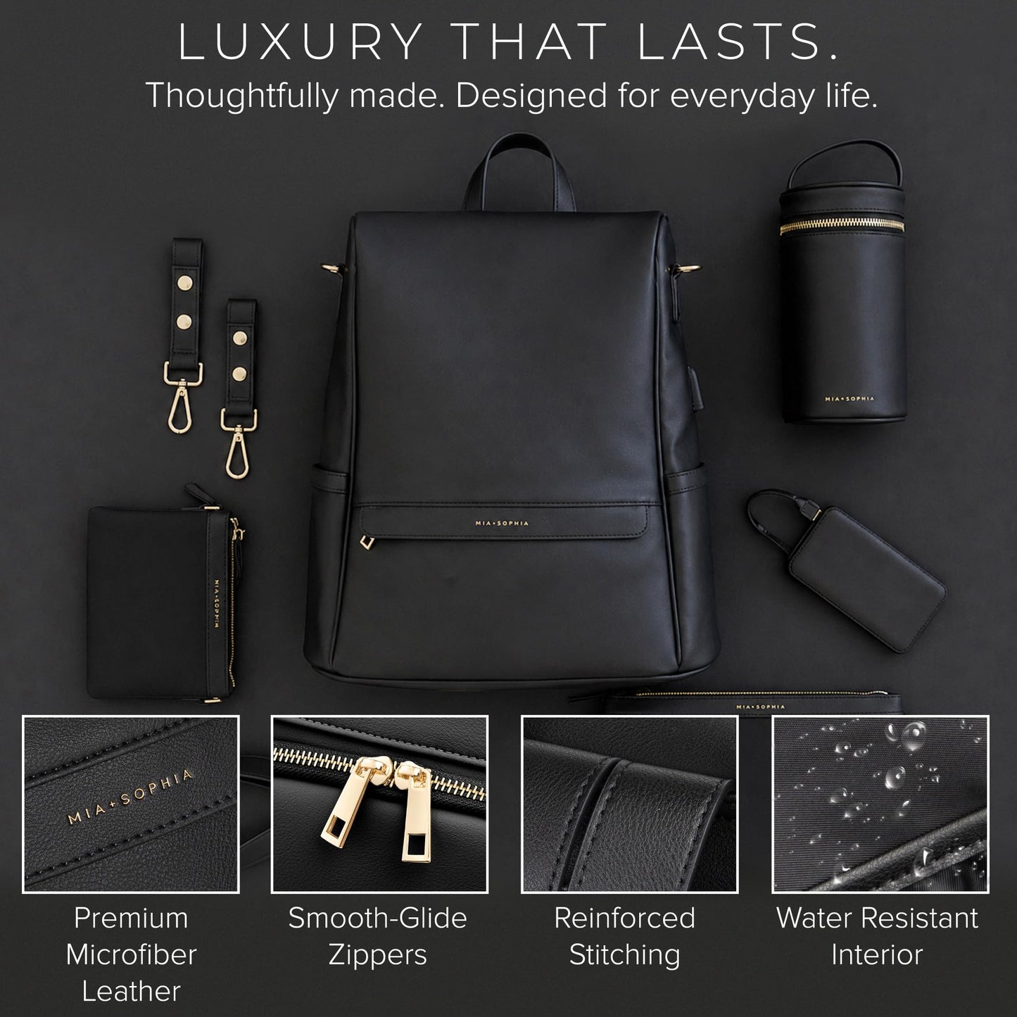 MIA + SOPHIA Leather Diaper Bag Backpack with USB Charging port, Changing Pad, Stroller Straps (Black Mia)
