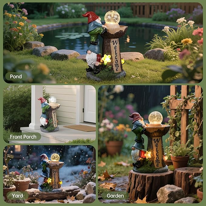 Solar Gnome Statue with Glowing Globe Light,Weatherproof Resin Garden Figurine Decor Auto On/Off - for Patio,Yard & Housewarming (Reminder: IT is NOT A Real Fountain)