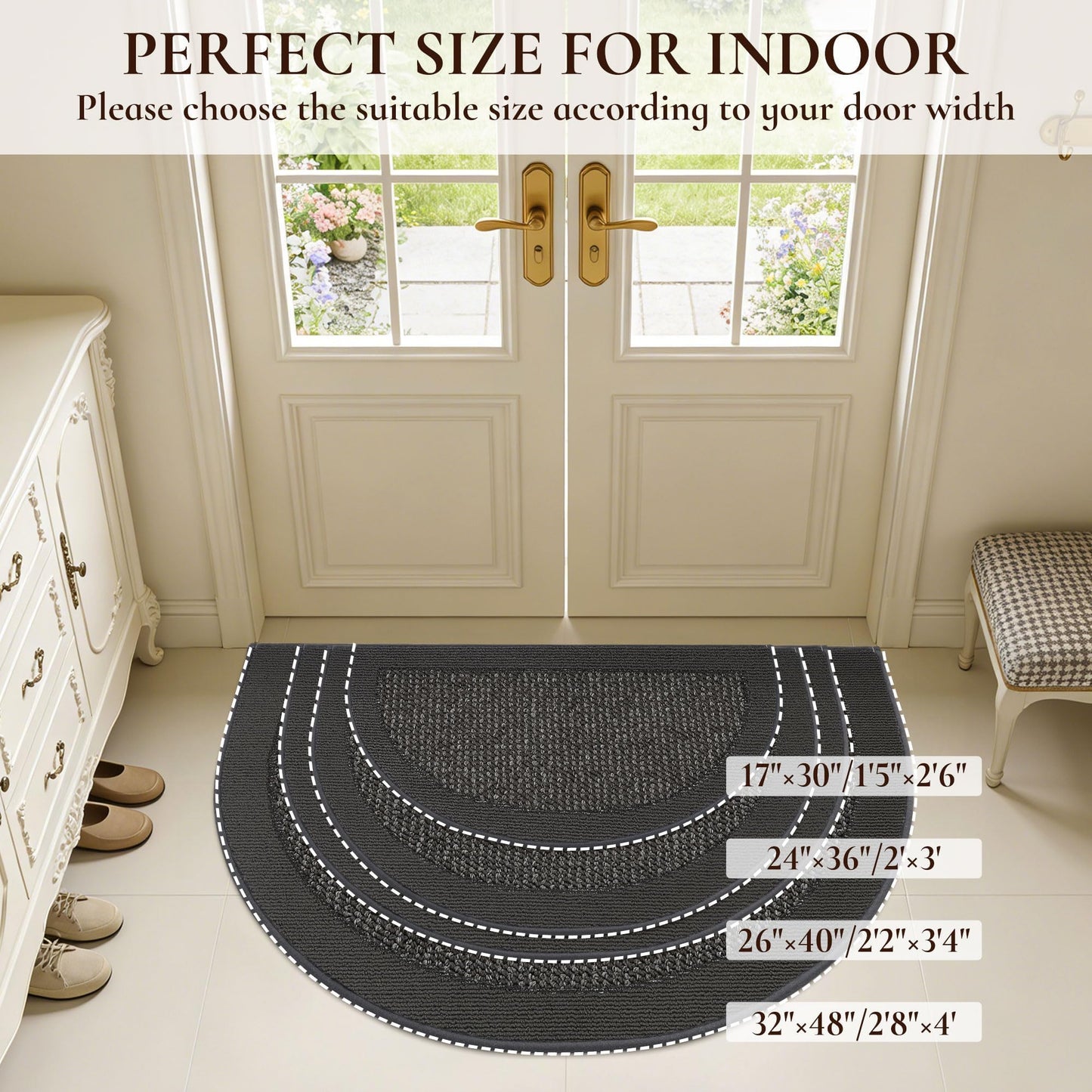 FLOORHUG Half Circle Door Mat Indoor Entrance Welcome, Non-Slip Washable Doormat, Trap Dirt and Moisture, Low Profile Mats for Indoor Entry, 32"x48", Dark Grey