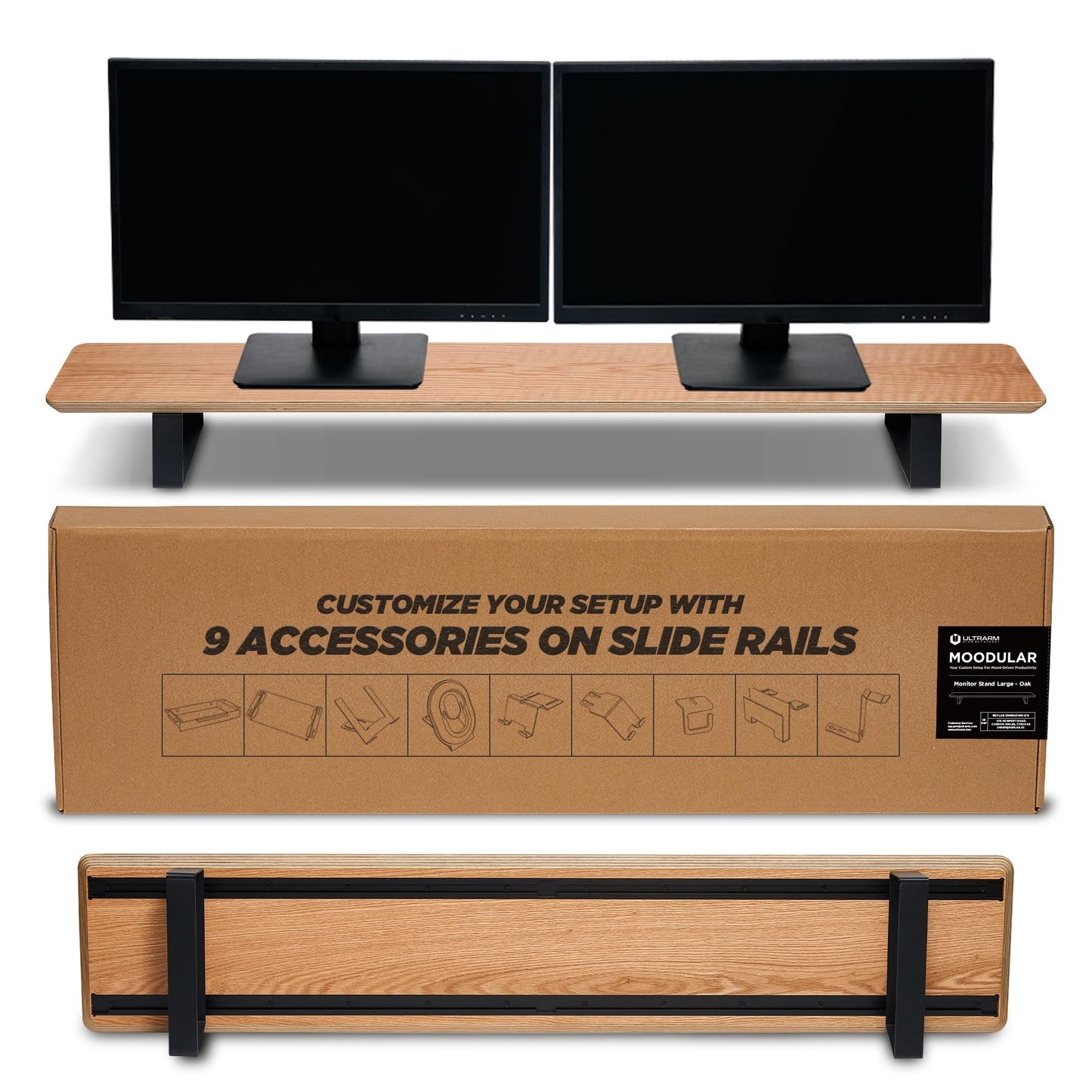 ULTRARM Moodular Wooden Monitor Stand 45.6” (116cm) Large Desk Organizer with Metal Slide Rails for Drawer, Tray, Laptop, Tablet, Phone & Headphones Customizable Riser for Organized Workspace Oak