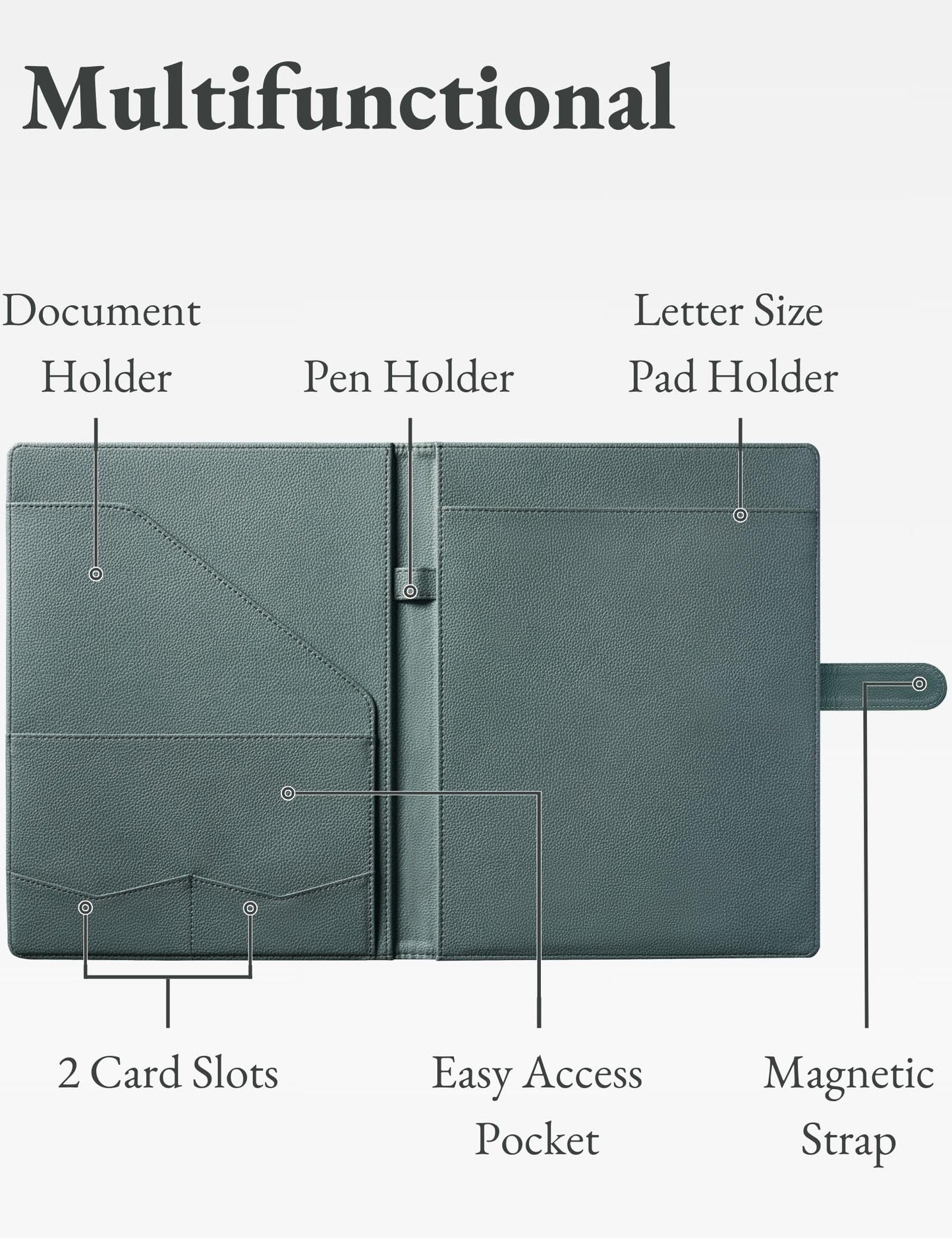Mymazn Padfolio Portfolio Folder, Faux Leather Interview Resume Folder with Document Organizer & Business Card Holder, Letter-Sized Notepad Legal Pad Holder for Men Women (Grey Green)
