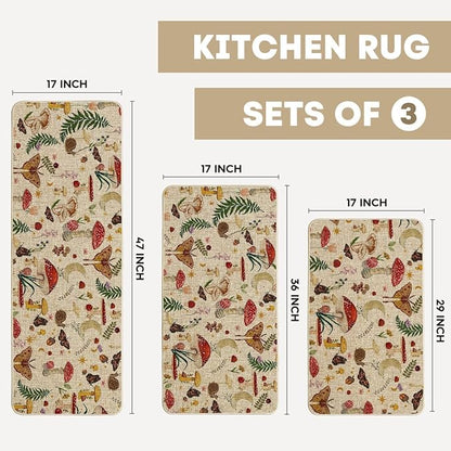 Artoid Mode Mushrooms Butterfly Spring Kitchen Mats Set of 3, Home Decor Low-Profile Kitchen Rugs for Floor - 17"x29"+17"x36"+17"x47"