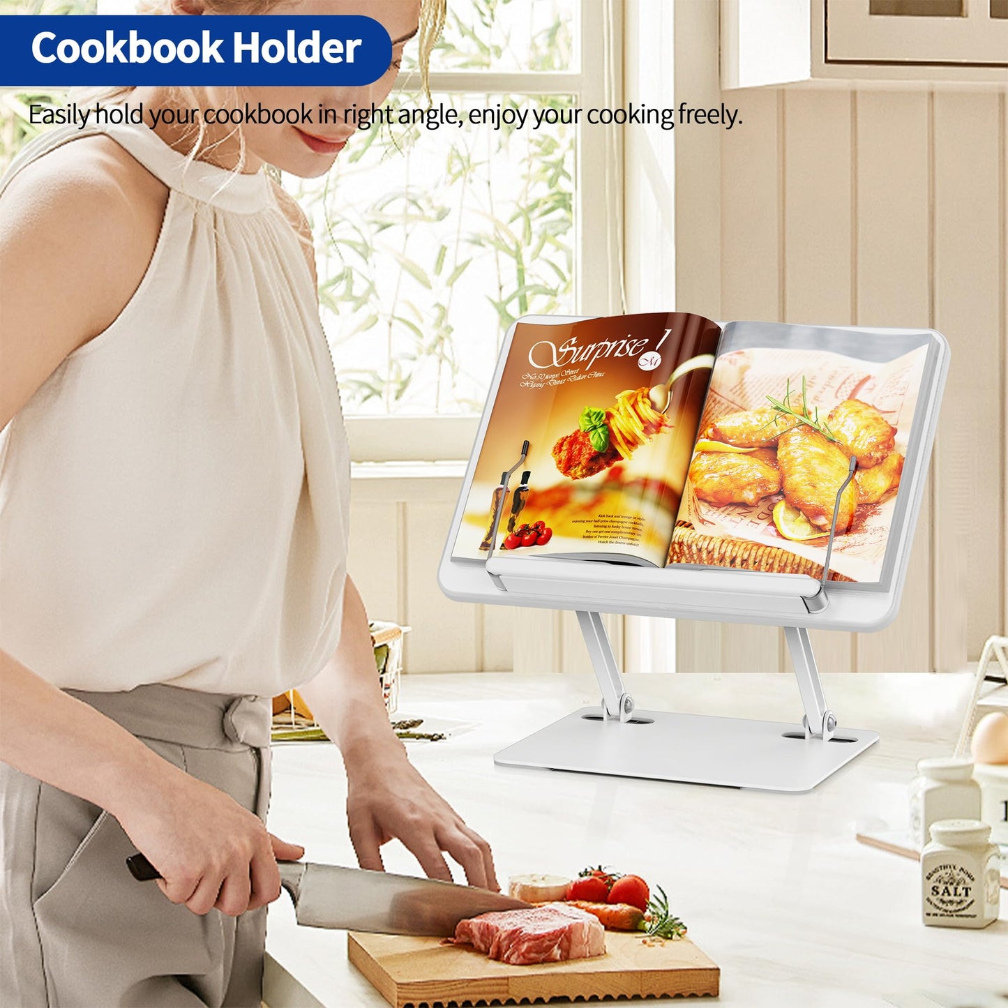 BESIGN BS01 Book Stand for Reading, Adjustable Book Holder, Ergonomic Laptop Stand with Elastic Page Clips for Music Scores, Recipe, Tablet, Laptop (White)