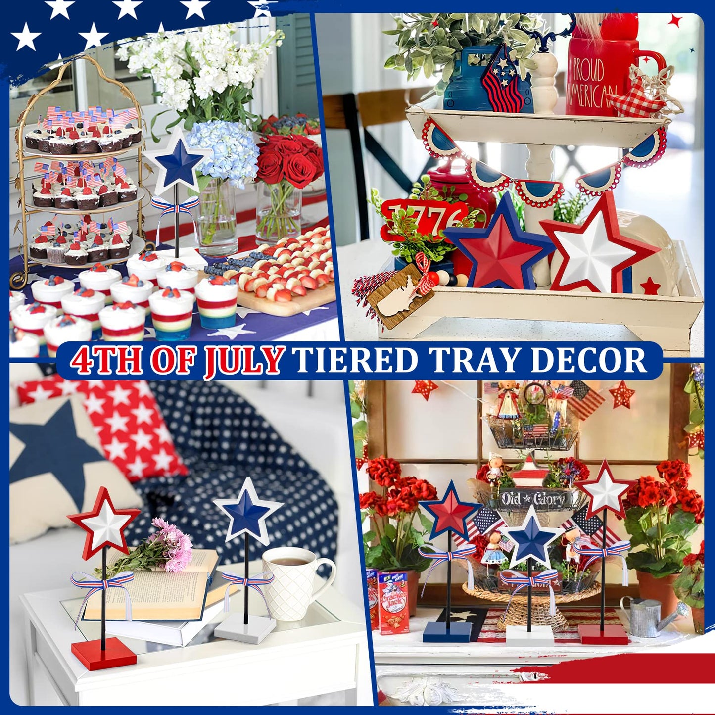 3 Pieces 4th of July Tiered Tray Decor Wood Star Set, Memorial Day Table Decorations, Rustic Patriotic Table Decorations, Red White and Blue Decorations for Home Tables(Classic)