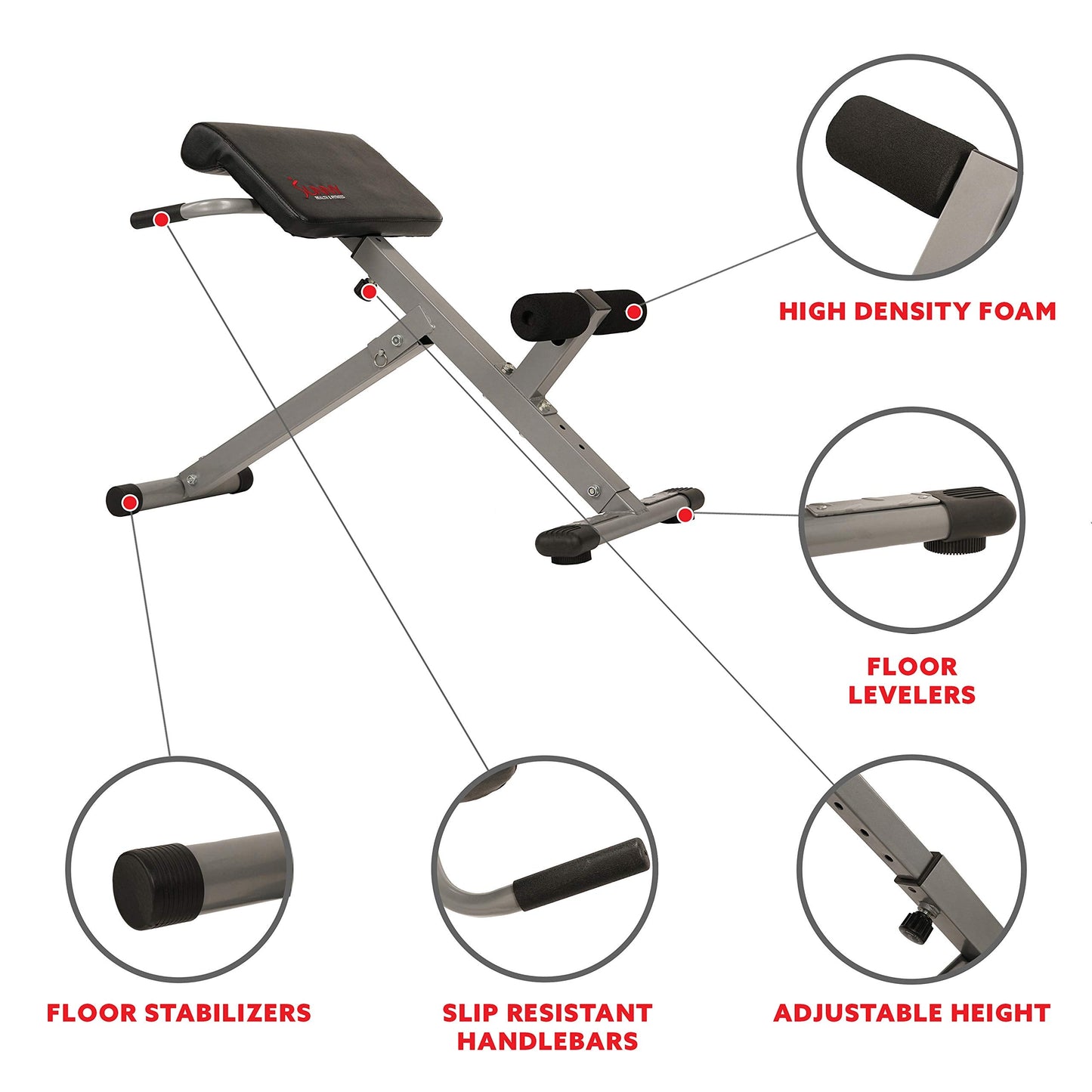 Sunny Health & Fitness Foldable Hyperextension Roman Chair w/Back Extension, Home Gym Sit Up Bench for Glute & Ab Workouts, Optional Adjustment Incline & Multi-Function Heavy-Duty Exercise Equipment