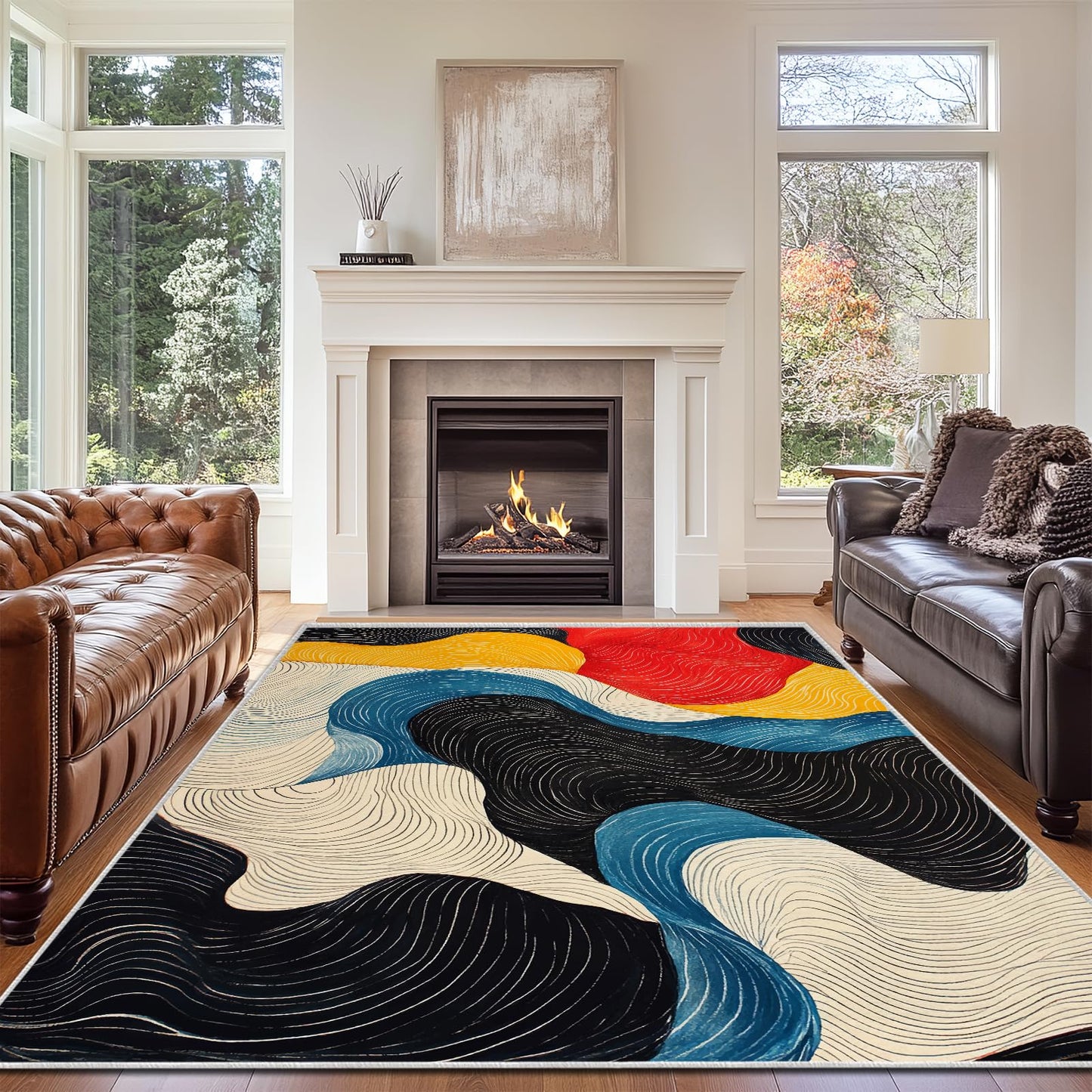 5x7 Colorful Area Rug Modern Abstract Black White Blue Beige Red Yellow Bedroom Rug Soft Low Pile Thin Large Carpet Living Room Non Slip Dining Room Stain Resistant Office Washable Machine