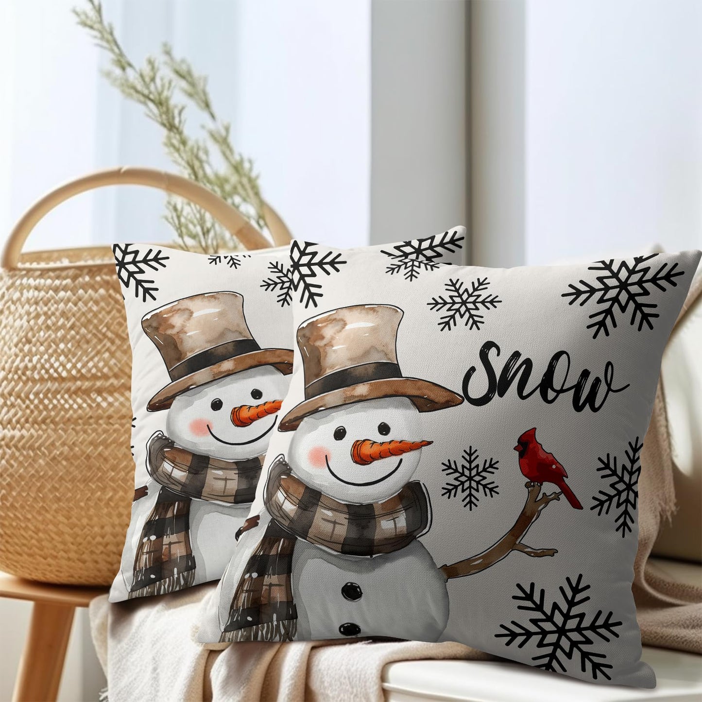 Snowman Throw Pillow Cover Christmas Pillowcase 18x18 Inch Set of 2 Snowflake and Red Cardinal Bird Decorative Cushion Cover Winter Holiday Pillow Protector for Home Sofa Bedroom Decor
