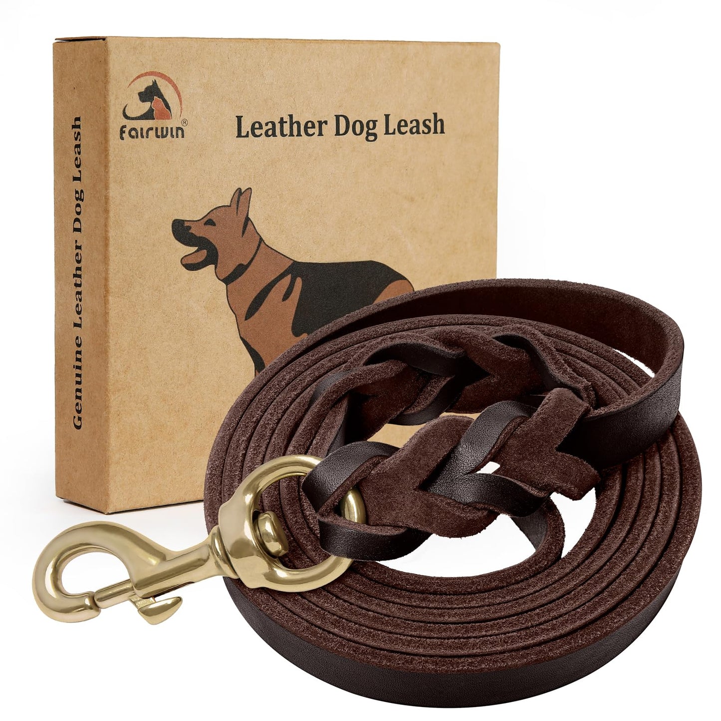 FAIRWIN Braided Leather Dog Training Leash 6 Foot - Military Grade Heavy Duty Dog Leash for Large Medium Small Dogs (Brown, M:5/8" x 6ft)