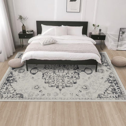 LOOMY Area Rug 8x10 Washable Rug Gray Vintage Traditional Mat Distressed Indoor Foldable Thin Retro Accent Floral Non Slip Carpet Living Room Dining Room Office