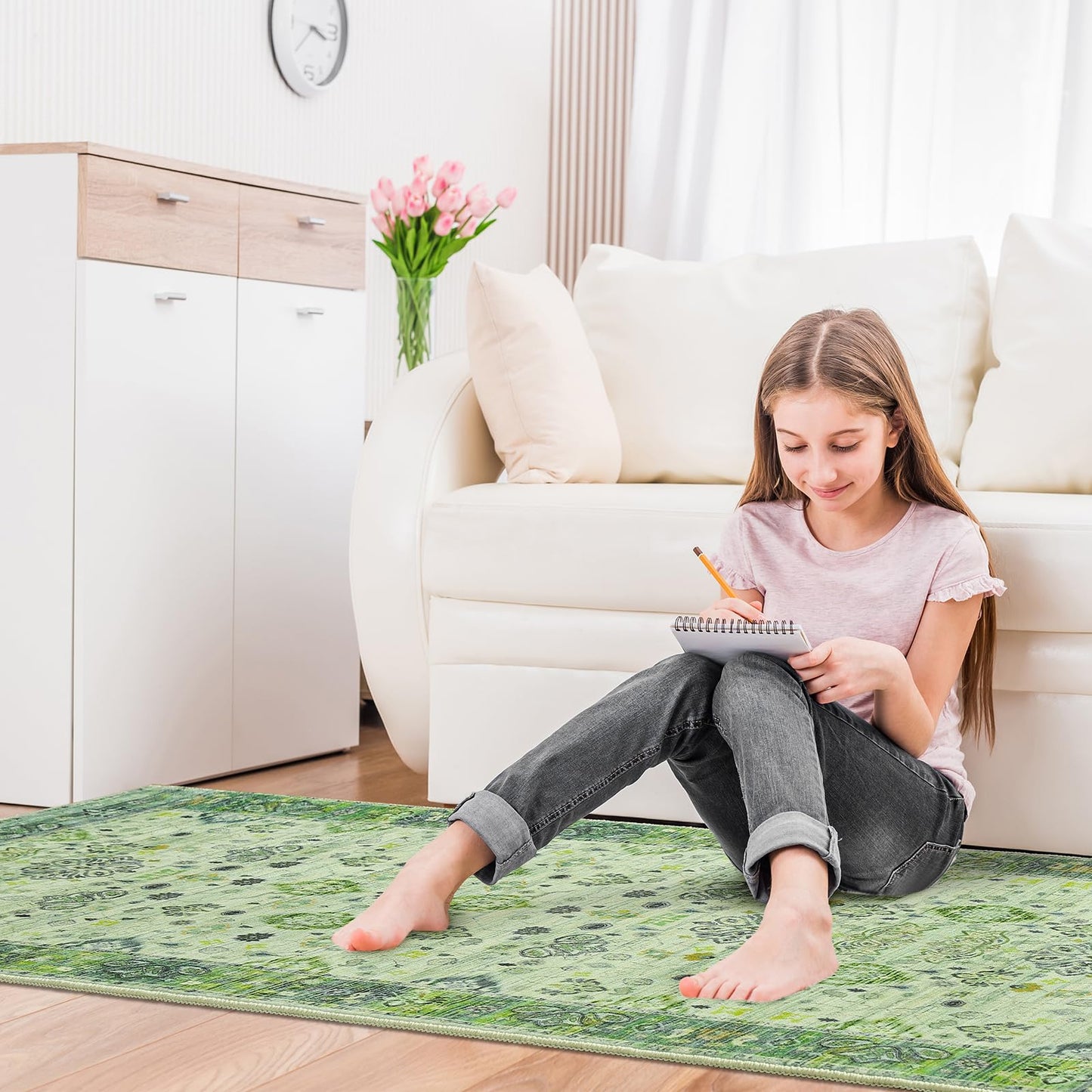 Przemy Runner Rug for Bedroom, 2x6Ft Washable Non-Slip Area Rugs,Small Floral Carpet for Entryway Hallway Girls's Bedside Living Room, Green