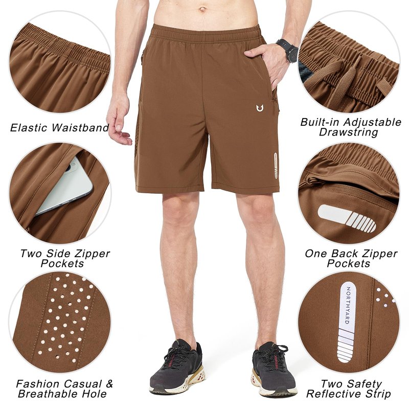 NORTHYARD Men's Athletic Running Shorts Gym Workout 7"/9"/5" Quick Dry Lightweight Sports Basketball Tennis 3 Zipper Pockets Brown 3XL