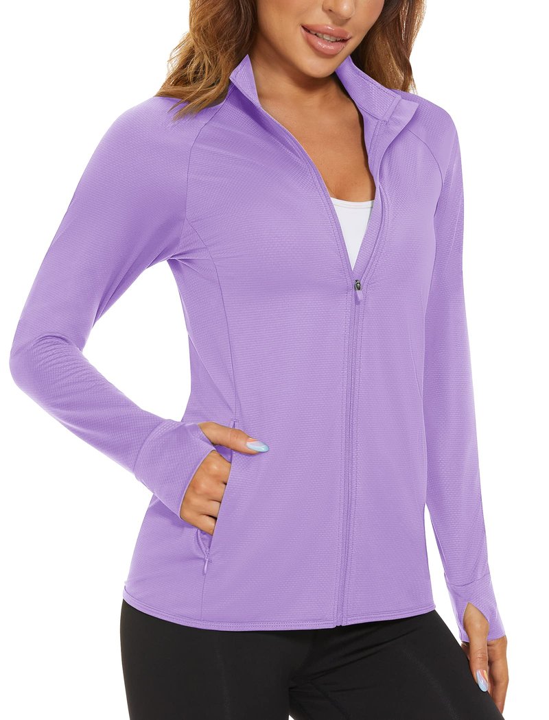 MAGCOMSEN Women's Hiking Jacket Lightweight Long Sleeve UPF 50+ Sun Protection Shirt Breathable SPF Shirts with Thumb Holes Light Purple XL