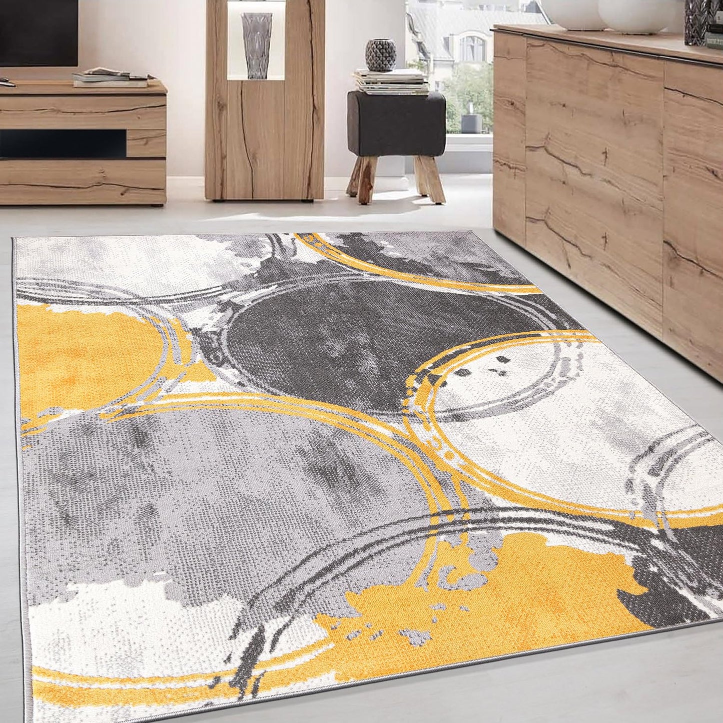 Rugshop Evora Modern Yellow Area Rug, Contemporary Circles Design, Non-Shedding Carpet for Large Living Room or Bedroom, 7'10" x 10'