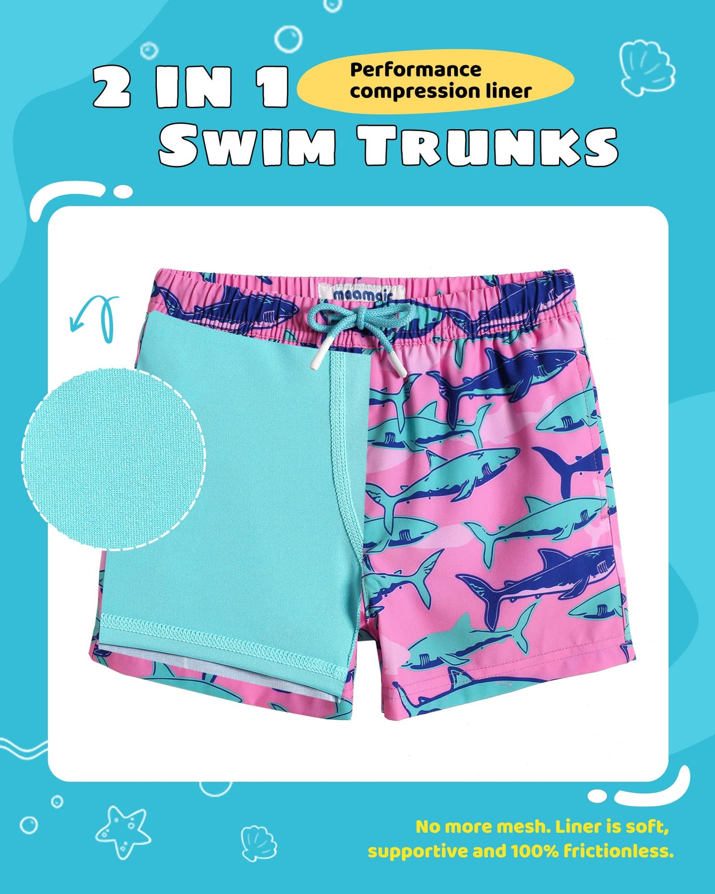 maamgic Boys Swim Trunks with Compression Liner Toddler Stretch Swim Shorts Quick Dry Swimming Trunks Boxer Brief 2 in 1 Beach Shorts Pink Blue Shark 7