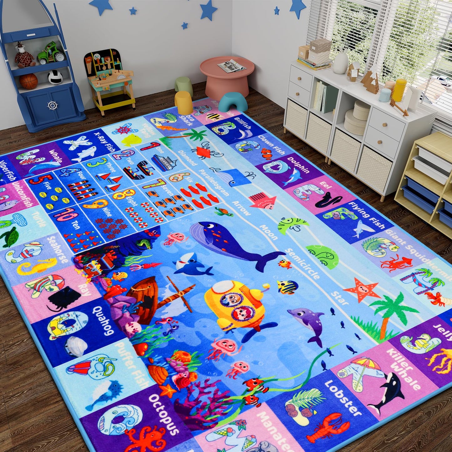 DINSUMRUG 3'3"×5' Interactive Ocean World Learning Rug with ABC, Sea Animals, Numbers & Shapes for & Preschoolers, Washable Non-Slip Carpet for Playroom, Nursery & Homeschool