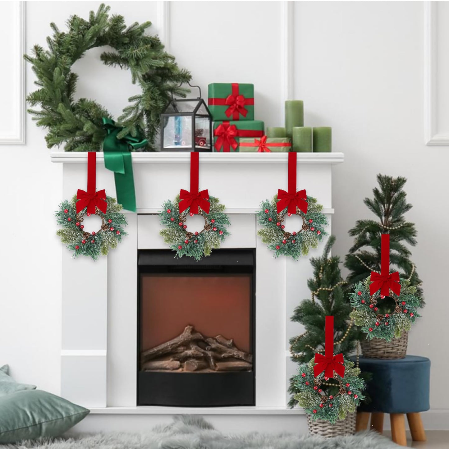 Sggvecsy 4 Pcs Christmas Candle Rings Norfolk Pine Wreath Table Centerpieces Artificial Red Berries Pinecones Small Wreaths Kitchen Cabinets Pillars Mini Candle Rings for Window Front Door Decor