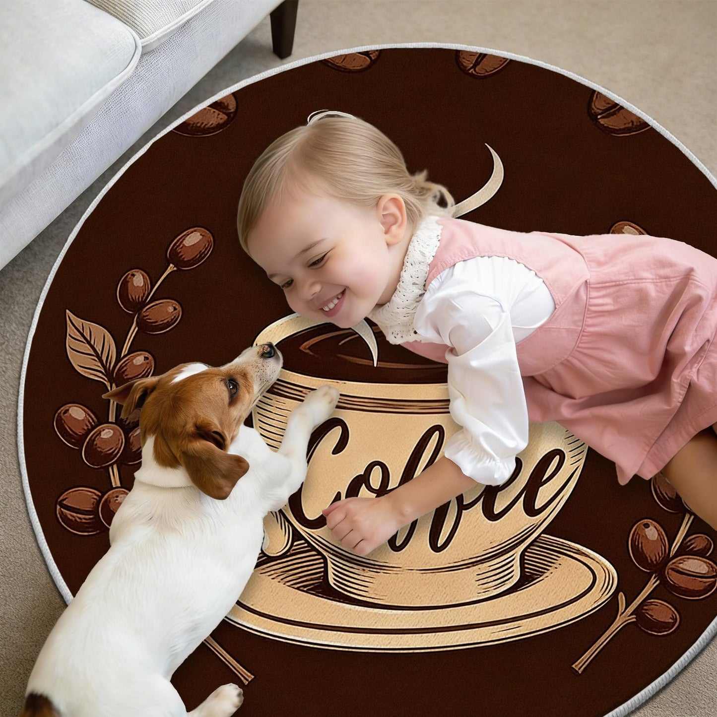 Egljss Round Washable Rugs 6ft, Coffee Cup Circle Area Rug for Bedroom, Coffee Bean Round Carpet for Living Room, Brown Circle Rug Non Slip for Dining Table Kitchen
