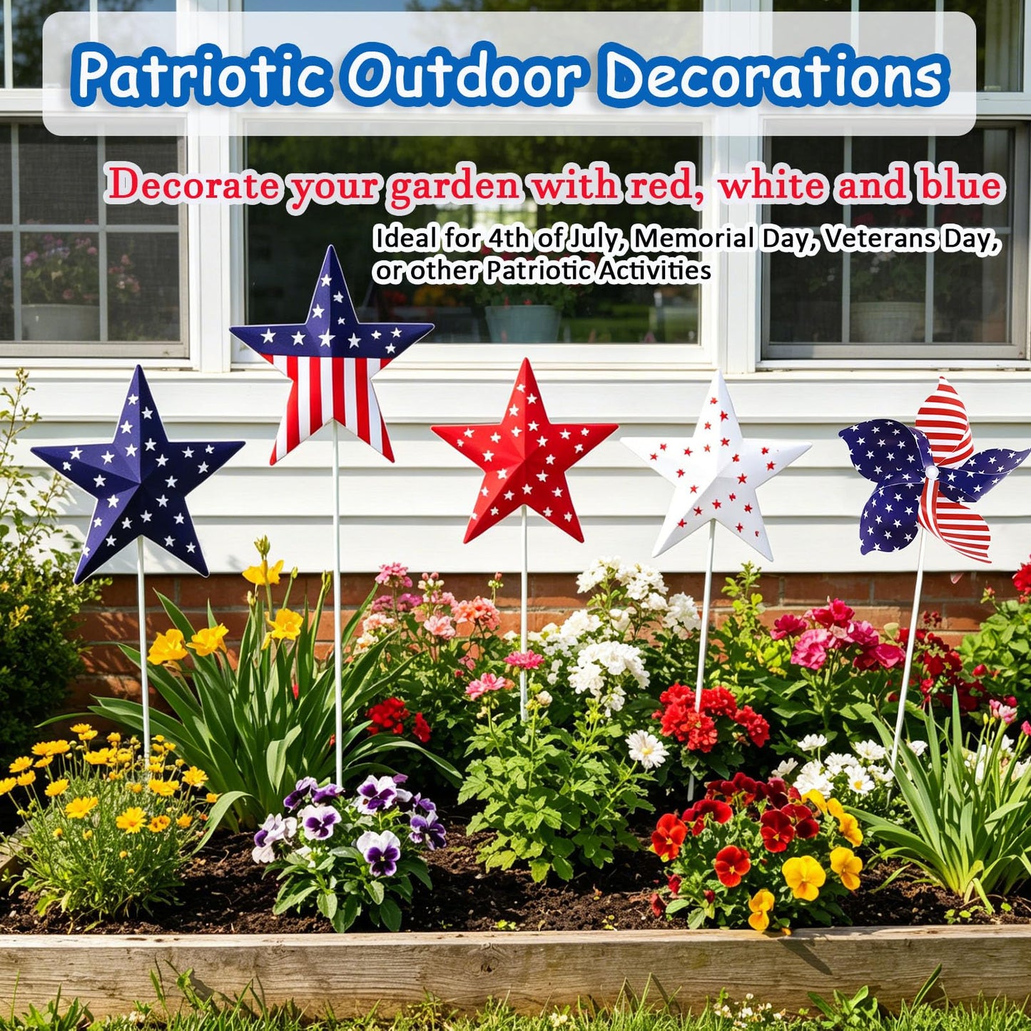 Nalanzhou 13Pcs 4th of July Outdoor Decoration Garden Stakes, 250th Patriotic Plastic USA Shape Yard Signs, Red White Blue Star Planter Stakes Pinwheels for Independence Day Memorial Day Anniversary