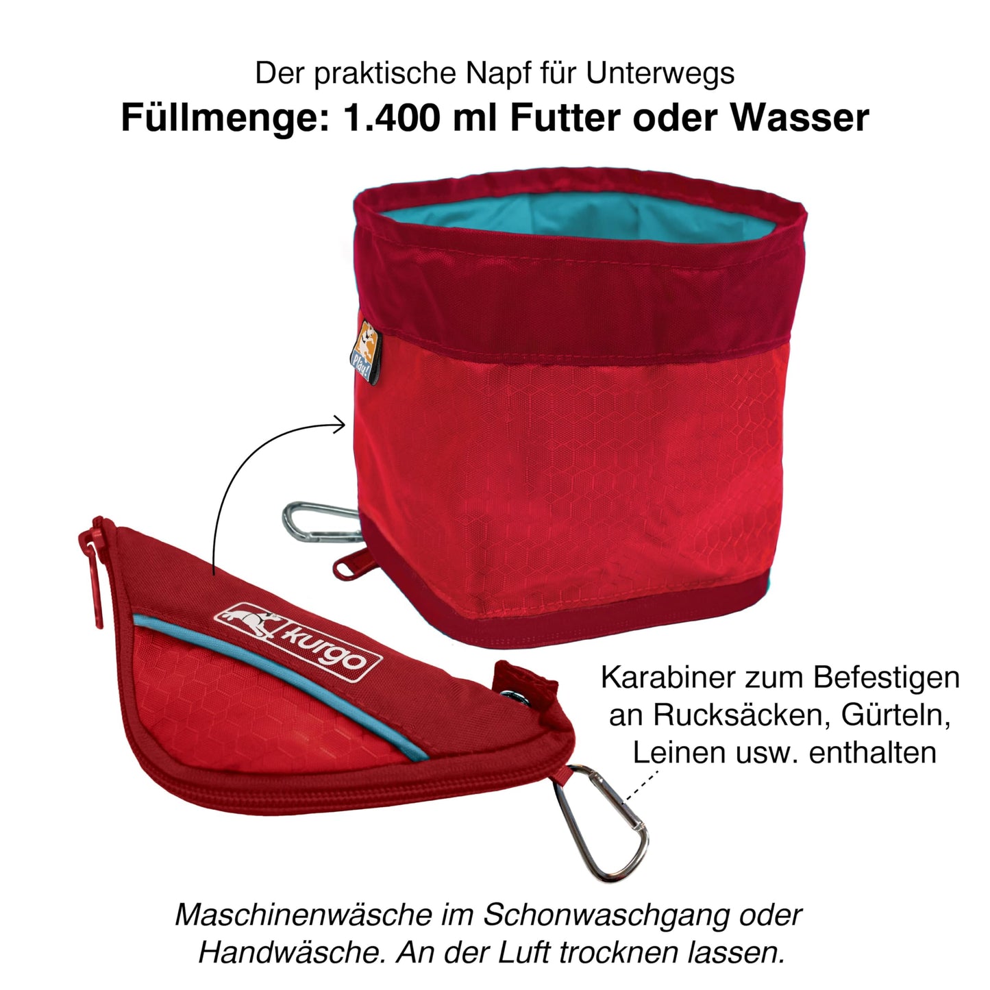 Kurgo Zippy Bowl for Dogs, Collapsible Travel Dog Bowls, Pet Food & Water Hiking Container, Food Grade Silicone, Travel Accessories for Pets, Includes Carabiner, Holds 48 oz (Barn Red)