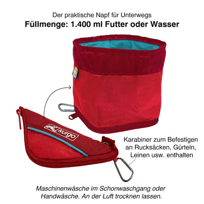 Kurgo Zippy Bowl for Dogs, Collapsible Travel Dog Bowls, Pet Food & Water Hiking Container, Food Grade Silicone, Travel Accessories for Pets, Includes Carabiner, Holds 48 oz (Barn Red)