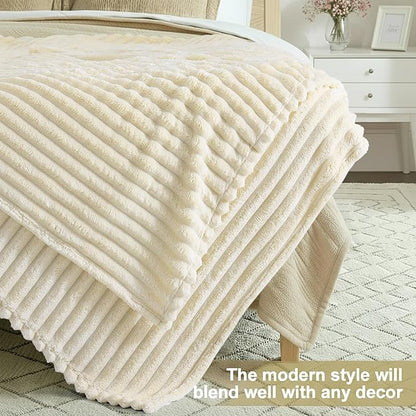 decorUhome Soft Fleece Beige Blanket King Size for Bed, Cozy Fluffy Plush Flannel Large Striped Throws for Couch Sofa, Lightweight Decorative Fuzzy Blanket for Woman, 108x90 Inches