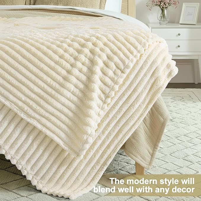 decorUhome Soft Fleece Beige Blanket Queen Size for Bed, Cozy Fluffy Plush Flannel Large Striped Throws for Couch Sofa, Lightweight Decorative Fuzzy Blanket for Woman, 90x90 Inches