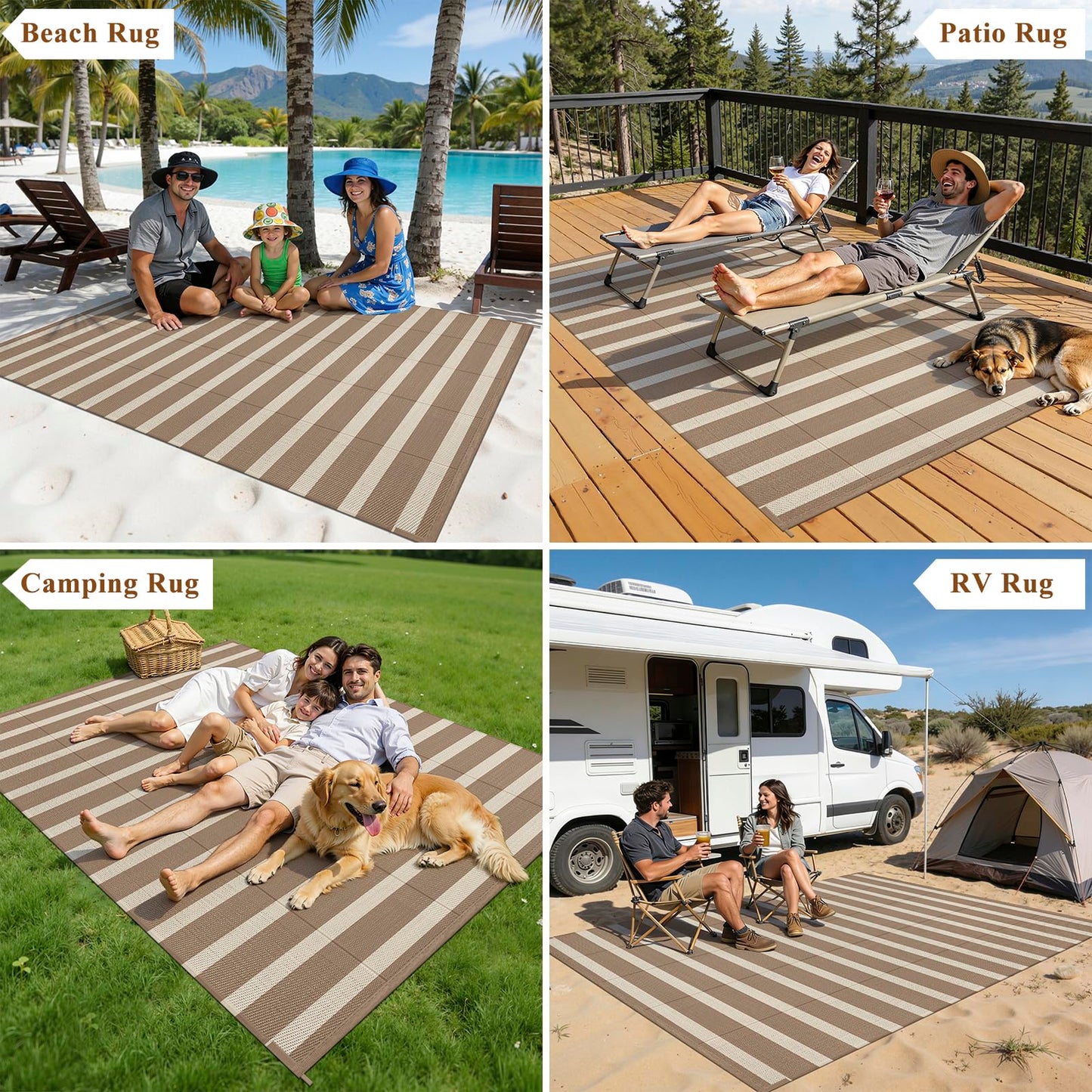 Vaukki Waterproof Outdoor Rug 5x8, Reversible Striped Patio Rug, Lightweight Plastic Straw Camping Mat, Indoor Outdoor RV Carpet for Outsides, Patio, Camping, Balcony, RV and Deck, Brown and Beige