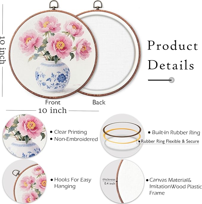Threegoat Chinoiserie Spring Floral Framed Round Wall Art,Blue and White Hydrangea Flowers Wall Art Decor for Bedroom,Vintage Wall Hanging Decor for Grand Millenial Grandmillennial Home - A02
