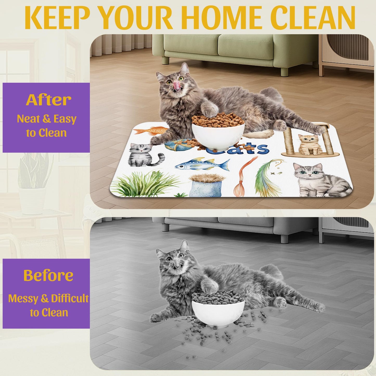 Cat Fun Pet Feeding Mat, Absorbent Bowl Pad for Dogs and Cats, Fast Dry, Non-Slip Back, Indoor Use – 12x20 Inch