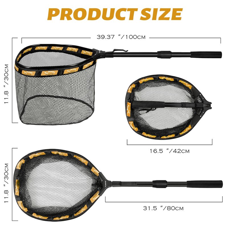 PLUSINNO Fishing Net Fish Floating Landing Net, Kayak Nets with Fixed Foldable Telescopic Pole Handle,Bass Trout Fishing Nets with Nylon Mesh for Pond Lake River,Fishing Gear Gifts for Men Orange 1.0M