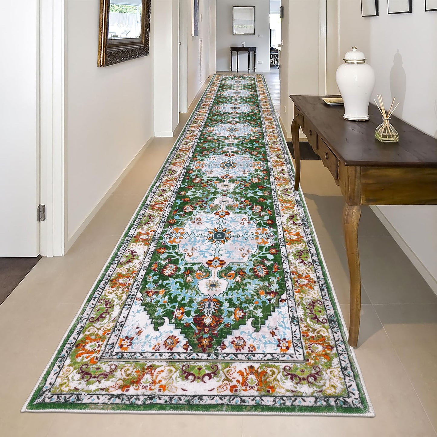 U'Artlines 2' x 14' Long Boho Hallway Runner Rug, Non Slip Washable Vintage Farmhouse Accent Area Rug Carpet for Kitchen Entryway Laundry and Living Room Green