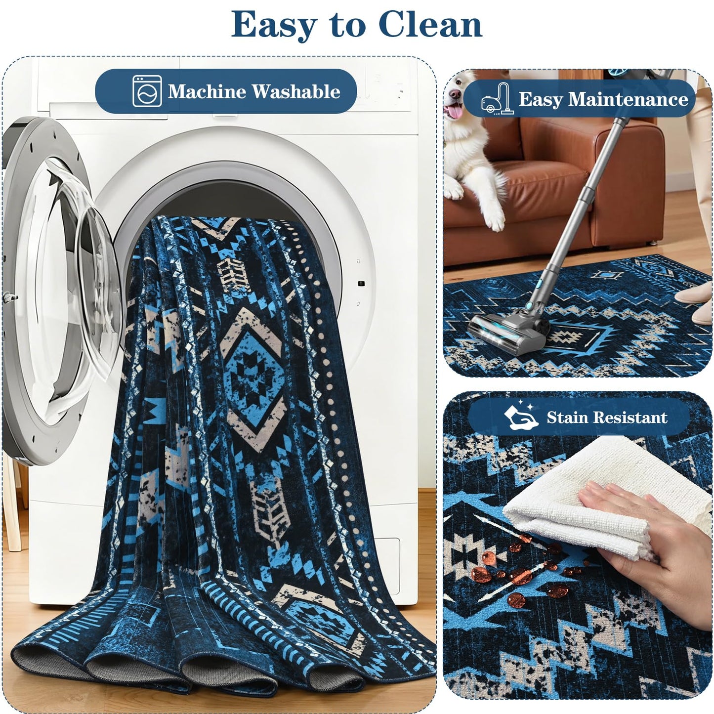 Yinhua Western 2x3 Rug Non-Slip, Aztec Entryway Rugs Low-Pile, Navy Blue Moroccan Washable Rug Stain Resistant, Front Door Rugs with Rubber Backing for Bathroom Kitchen Hallway