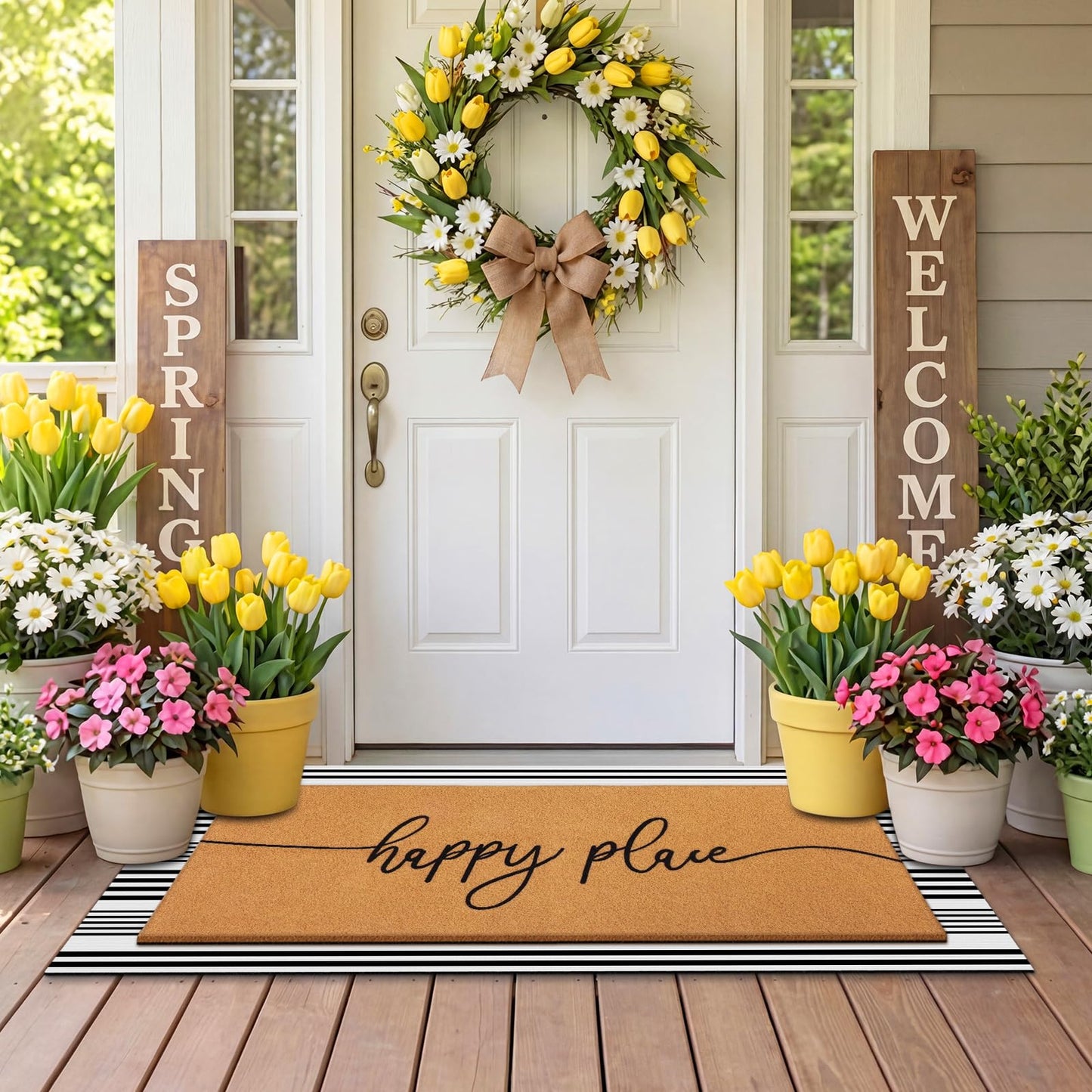 Tinideya 2 Pcs Summer Door Mat 17"x47" Happy Place Welcome Non Slip Coir Mats Large Floor Layering Black White Stripes Doormats Seasonal for Front Porch Entryway Decor