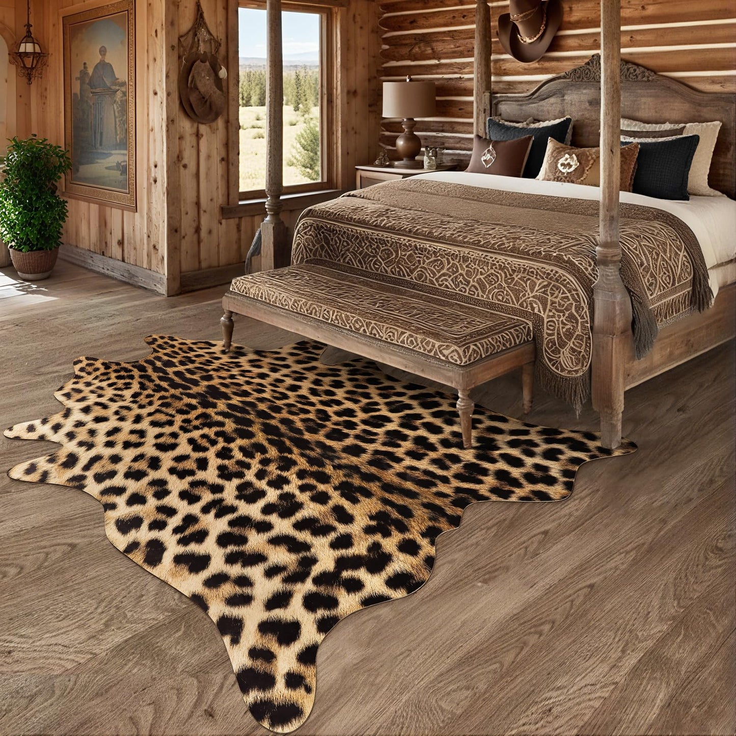 AROGAN Premium Leopard Print Rug 4.6x5.2 Feet, Machine Washable Faux Fur Cheetah Rug, Non-Slip Animal Print Hide Leopard Skin Area Rug for Bedroom Living Room Home Decor