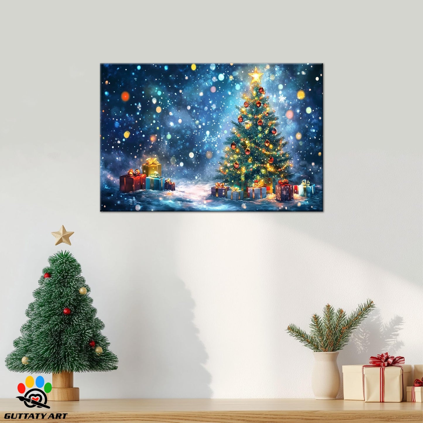 GUTTATY Christmas Canvas Wall Decor, Lighted Christmas Tree Wall Art, Christmas Gifts Pictures Wall Paintings, Winter Scene Wall Canvas Art for Living Room, Bedroom, Office 18x24 Inch