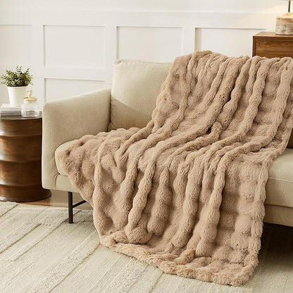 L'AGRATY Faux Rabbit Fur Blanket: 90" x 90" Queen Luxury Soft Fluffy Thick Fur Throw Blanket for Couch Bed - Cozy Plush Bubble Blankets for Winter: Flannel Fleece Decorative Blanket(Milk Tea Brown)