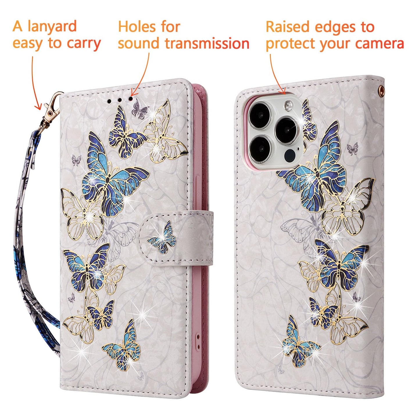 UEEBAI Wallet Case for iPhone 15 Pro Max, PU Leather Phone Cover Kickstand RFID Blocking Flip Case Card Slots Wrist Strap Relief Engraved Pattern Magnetic Closure Flower Folio Wallet, Blue Butterfly