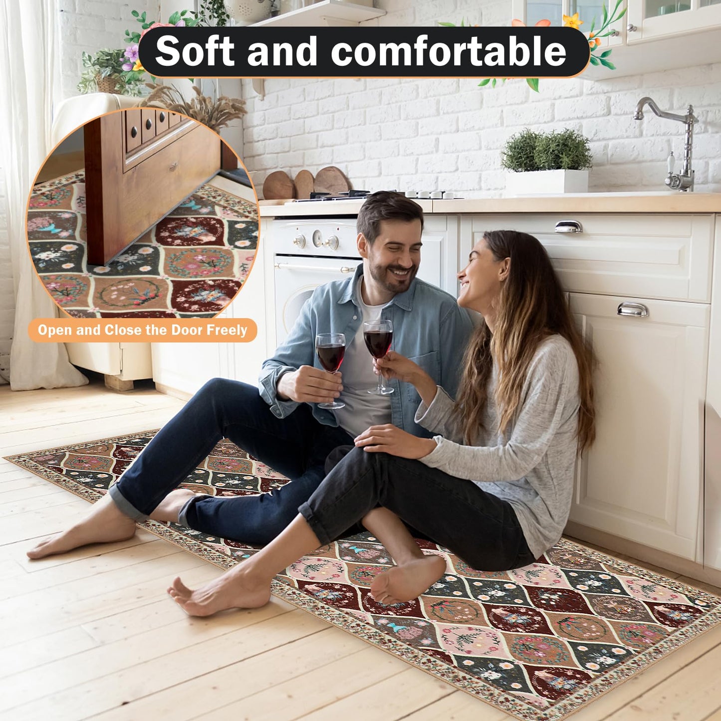 PCSWEET HOME Moroccan Trellis Kitchen Rugs Sets of 3 Non Slip Kitchen Rugs and Mats Washable Indoor Door Mat Floral Kitchen Floor Mat Carpet Runner Rugs for Hallway Laundry Room, Brown