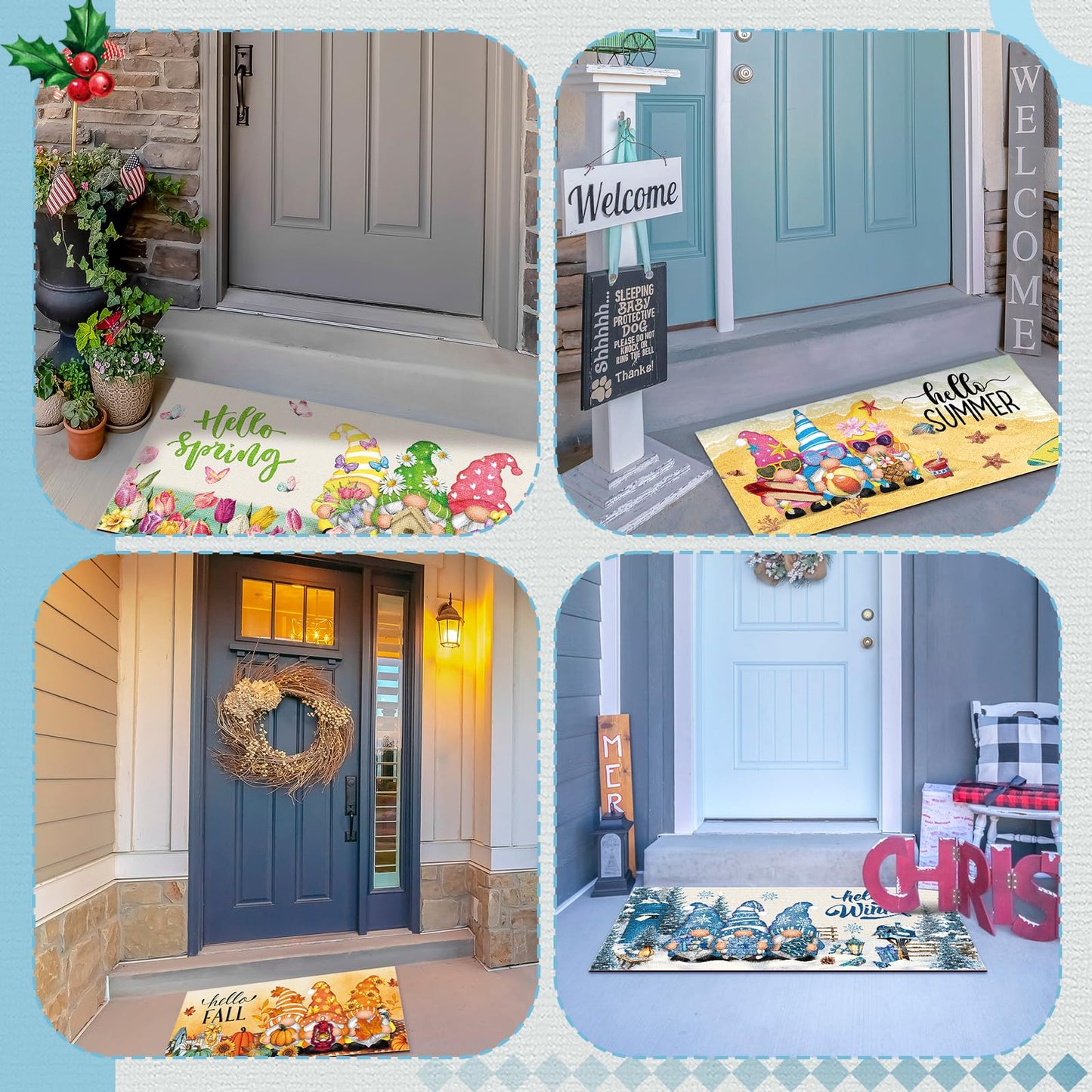 Tinideya 12 Pcs Seasonal Welcome Doormats 10 x 22 Inches Cute Seasonal Summer Independence Day Fall Doormats Decorative Festival Indoor Outdoor Non Slip Mats for All Holidays(Gnome Style)