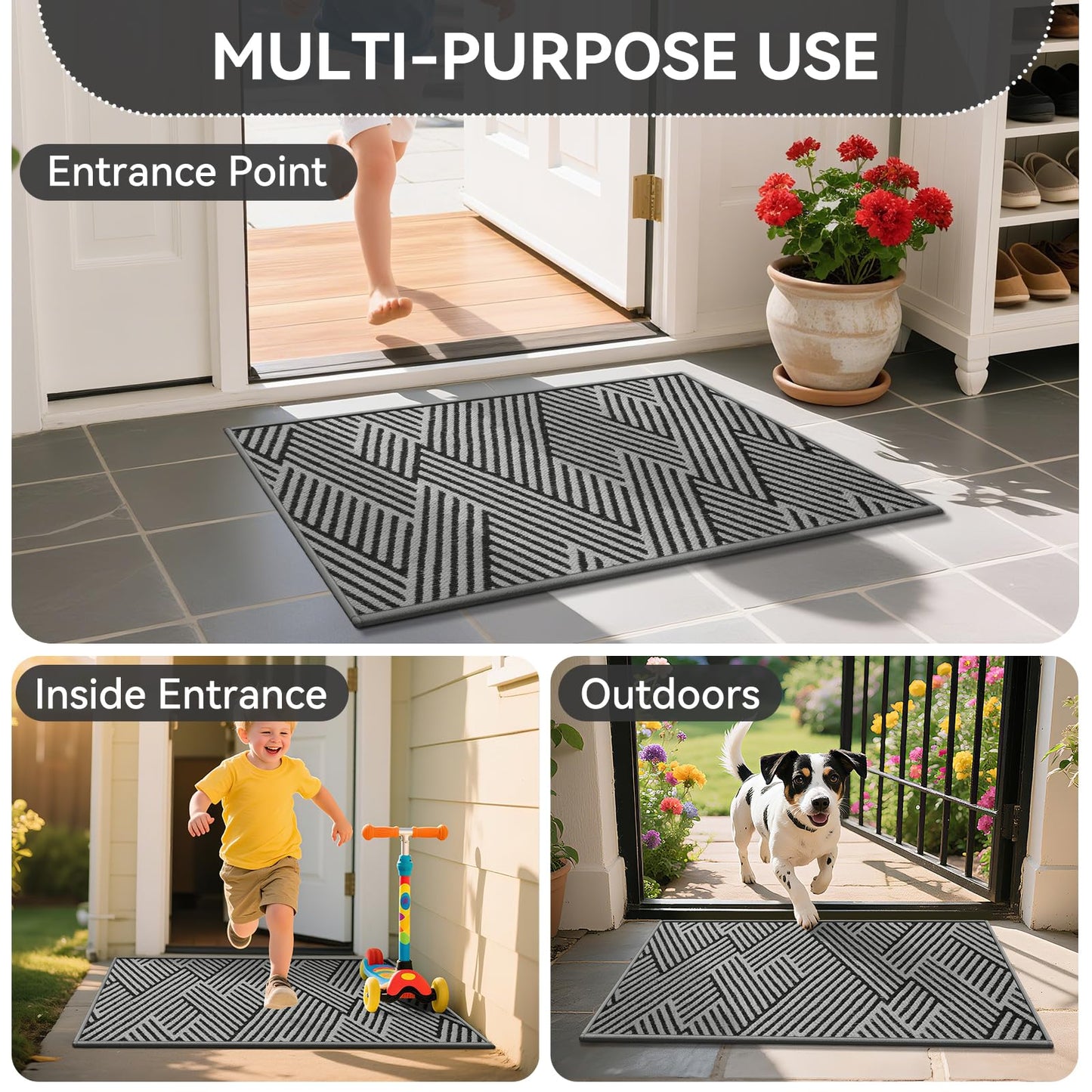 QiCaiJia Door Mat Indoor Outside Entrance 31"x47", Low-Profile Non Slip Outdoor Inside Doormat Entryway Mat, Dirt Resistant Absorbent Front Porch Welcome Entry Mats, Washable Easy Clean, Grey
