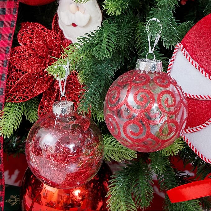 XmasExp 8ct Christmas Ball Ornaments Set -Large Clear Plastic Shatterproof Xmas Tree Ball Hanging Baubles Stuffed Delicate Glittering for Holiday Wedding Xmas Party Decoration (100mm/3.94",red)