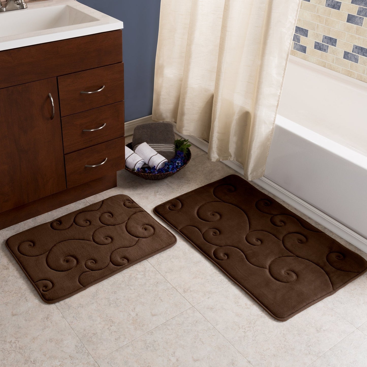 Bathroom Rug Set of 2 – Memory Foam Bath Mats with Embossed Coral Fleece Top – Non-Slip Absorbent Rugs for Shower or Laundry by Lavish Home (Brown)